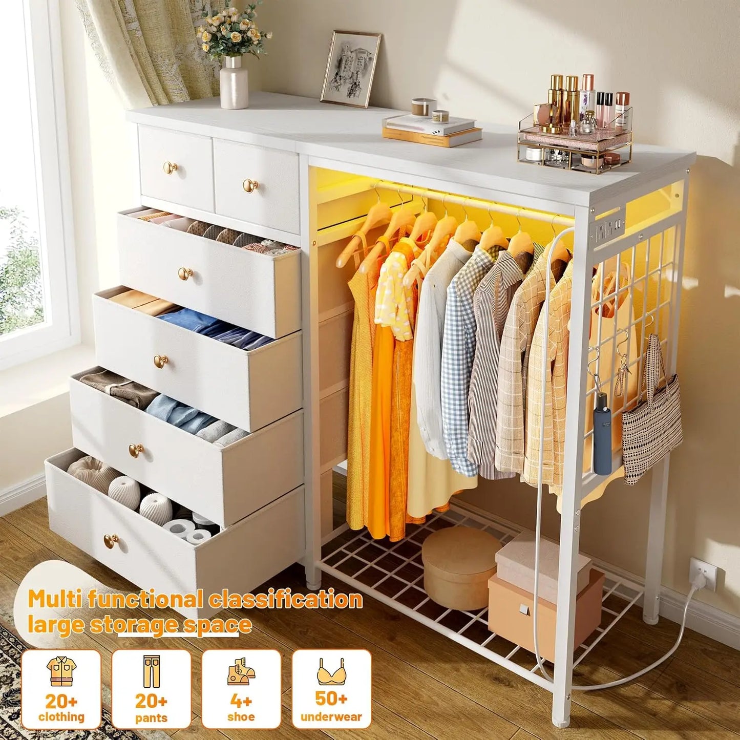49.2" W White 6 Drawer Dresser for Bedroom with Hanging Rack, LED Lights & Charging Station, Fabric Dressers