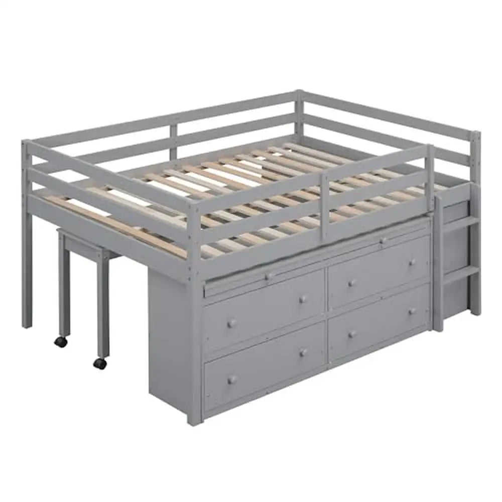 Children's Modern Full Size Wooden Loft Bed with Desk and Storage Drawers