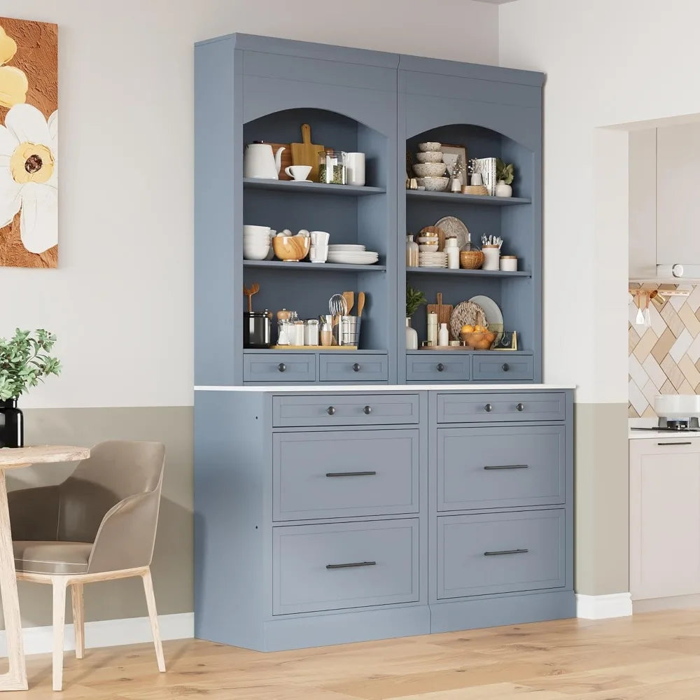 83.7" High Modern Freestanding Cabinet Hutch Kitchen Pantry Set of 2 with Faux Marble Top, 5 Storage Drawers & Adjustable Shelves