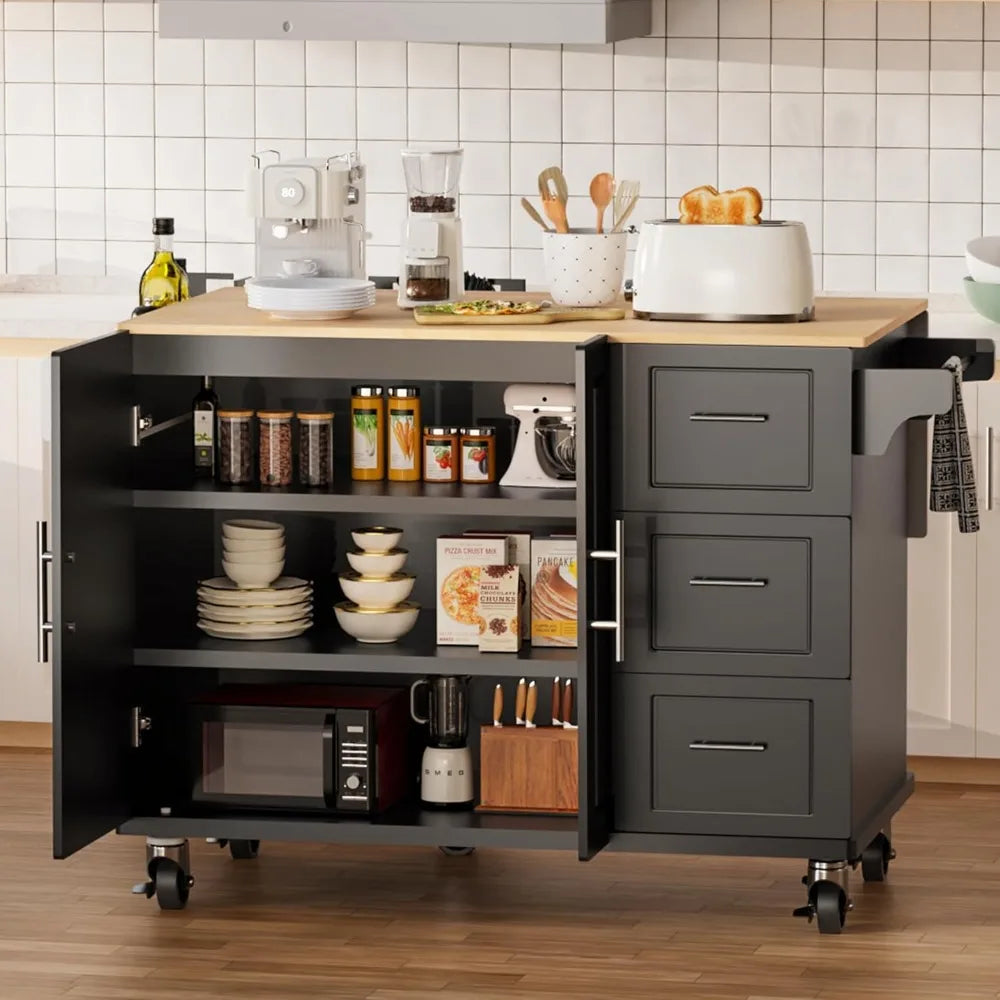 54" Large Rolling Kitchen Island Cart On Wheels with Drop Leaf 3 Drawers 1 Cabinet, Spice and Towel Rack Mobile Kitchen