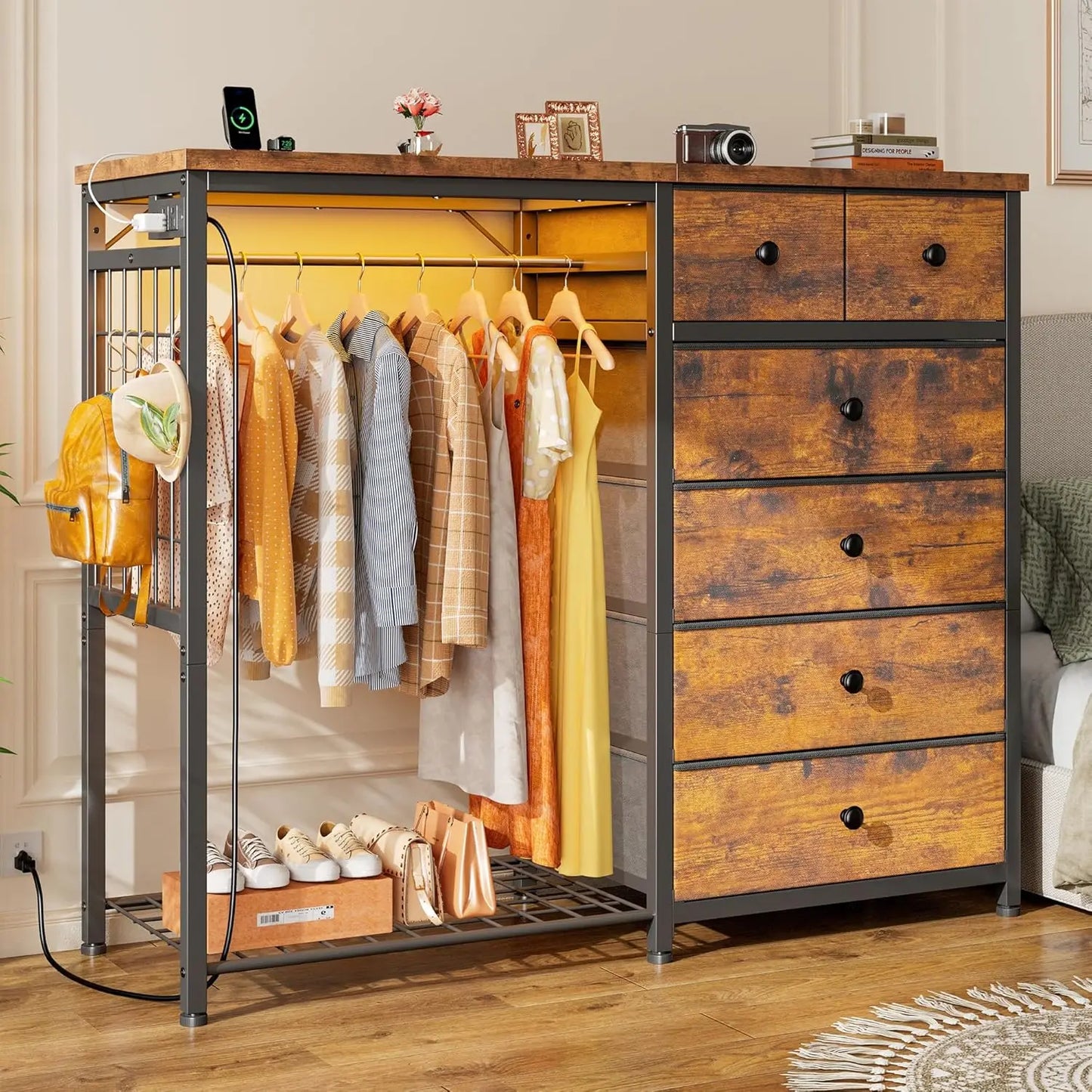 49.2" W White 6 Drawer Dresser for Bedroom with Hanging Rack, LED Lights & Charging Station, Fabric Dressers