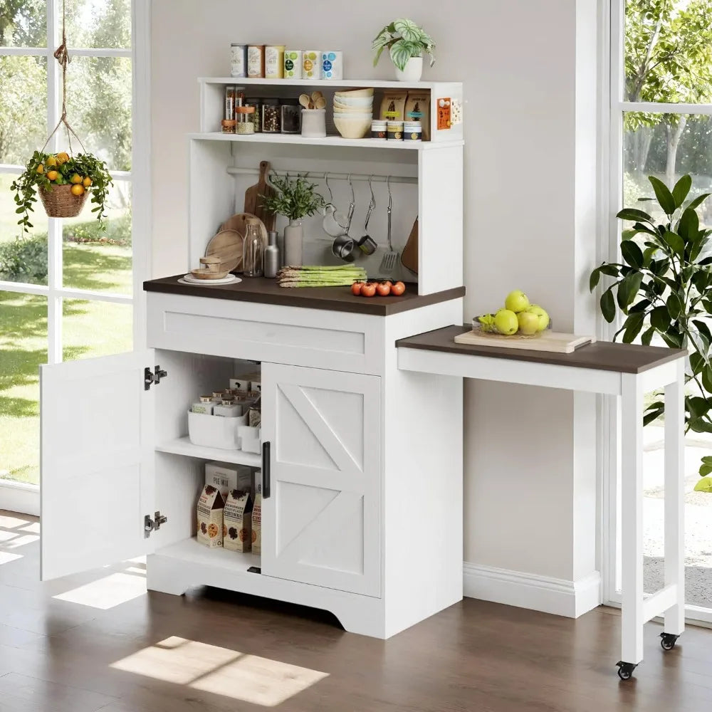 56.7" Extendable Farmhouse Coffee Bars Cabinet with Hutch, Buffet Sideboard, 5 Hooks , Adjustable and Magnetic Note Zone