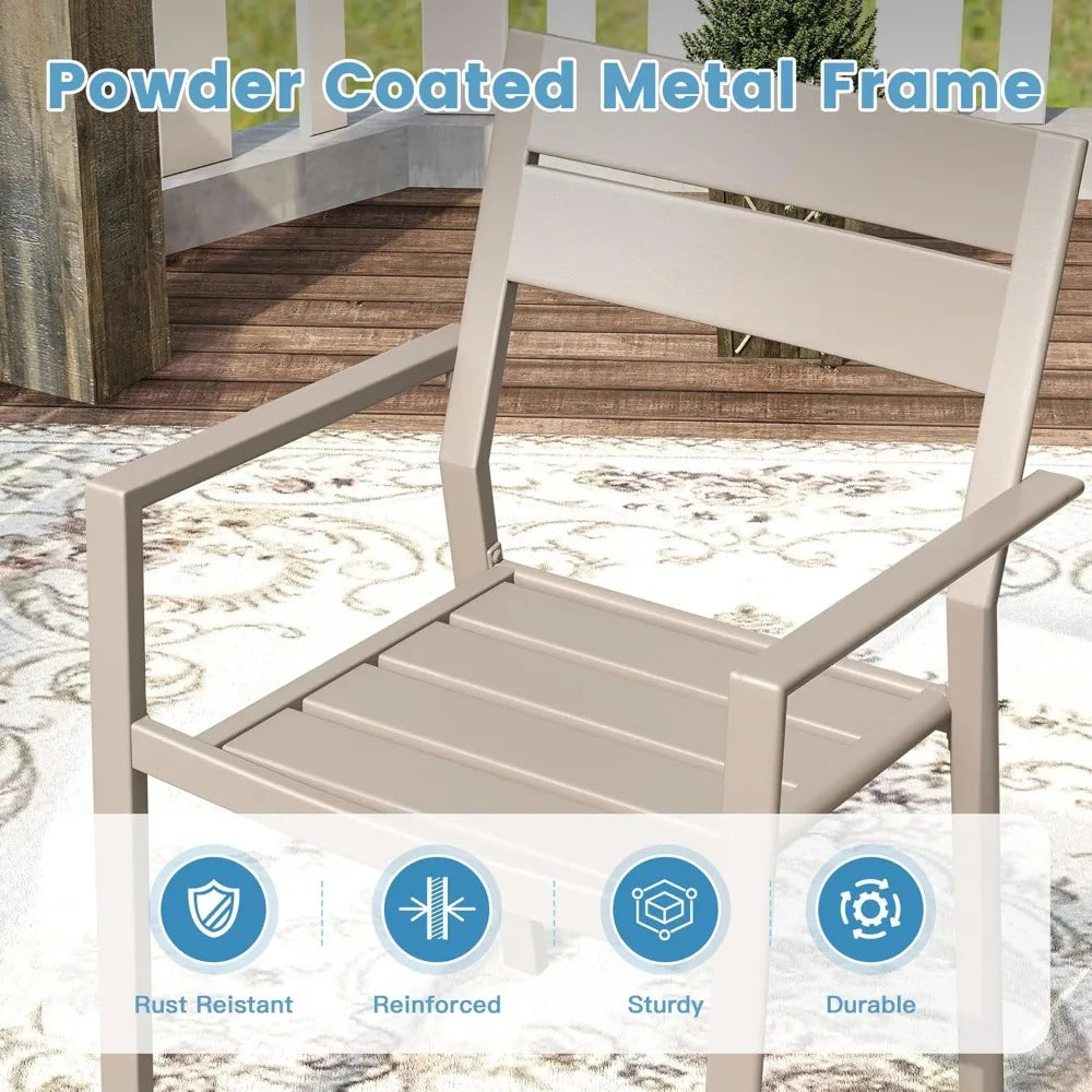 7 Pieces Outdoor Metal Frame Patio Dining Set, with 6 Cream Stackable Metal Chairs and 63" Sand shell Rectangle Dining Table