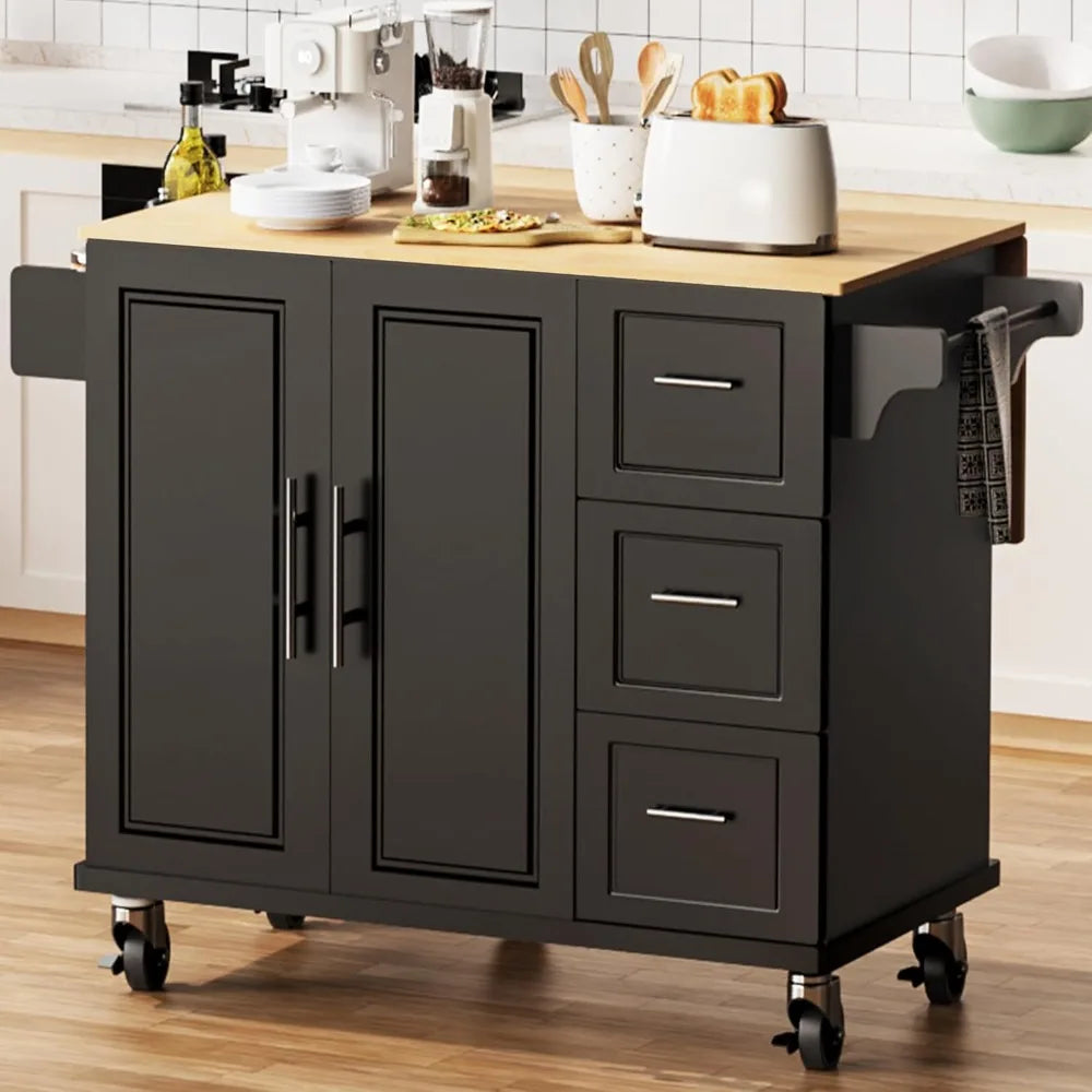 54" Large Rolling Kitchen Island Cart On Wheels with Drop Leaf 3 Drawers 1 Cabinet, Spice and Towel Rack Mobile Kitchen