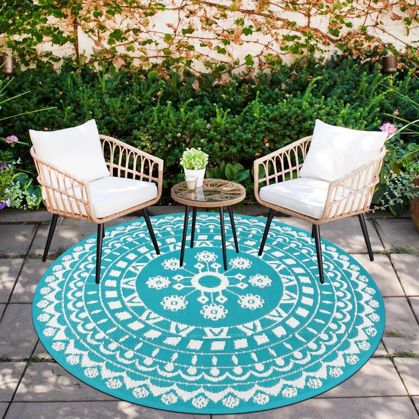 6Ft Round Reversible Waterproof Plastic Straw Boho Circle Indoor/Outside Area Rug for RV and Patio