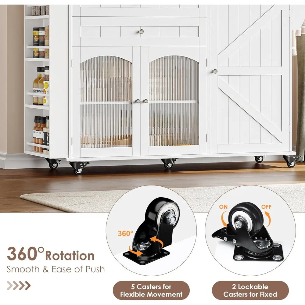 Rolling Kitchen Island on Wheels with Storage, Wood Drop Leaf Countertop and Spice Rack