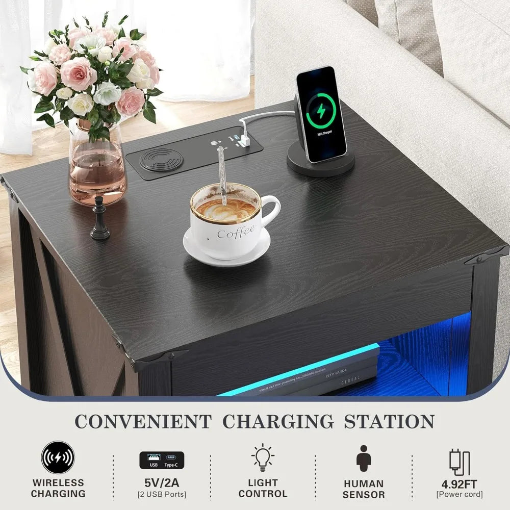 Set of 2 LED Farmhouse Nightstand or Bedside Tables with Gun Drawer, Charging Station for Bedroom