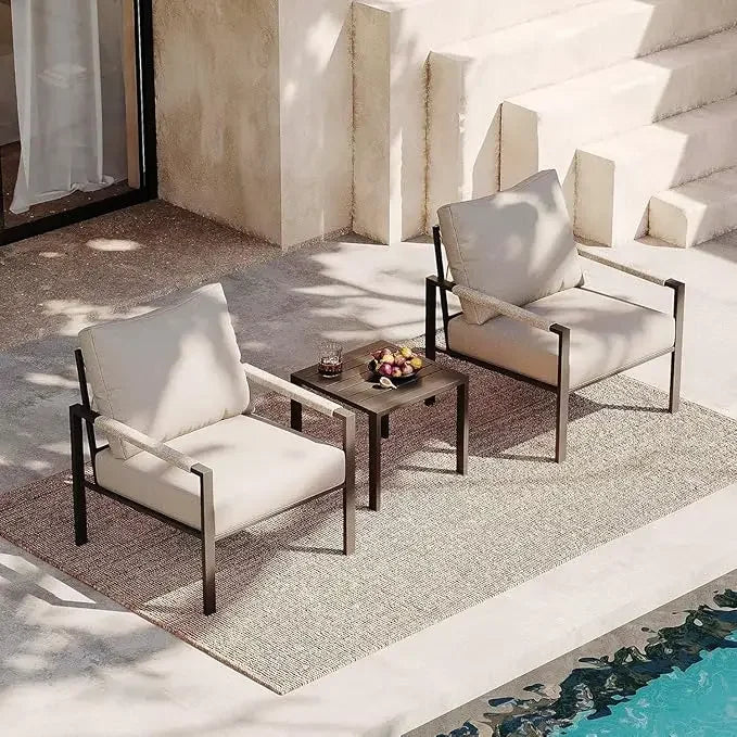 3 Pieces Outdoor Metal Frame Patio Set with 2 Armchairs and Side Table, or Single Sofa Set for Garden