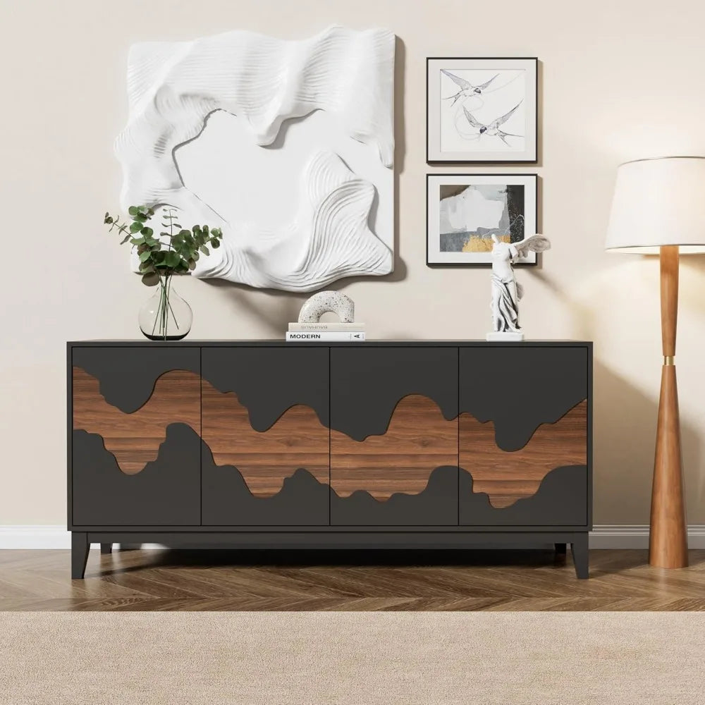 Modern 4 Door Sideboard Buffet Cabinet with Brown Water Stream Patterns Design - Versatile Storage Solution for Kitchen