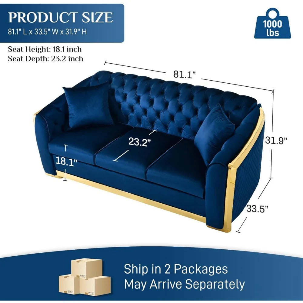 81" 3 Seater Modern Mid Century Velvet Chesterfield Blue and Gold Luxury Curved Loveseat and Sofa Couch for Living Room