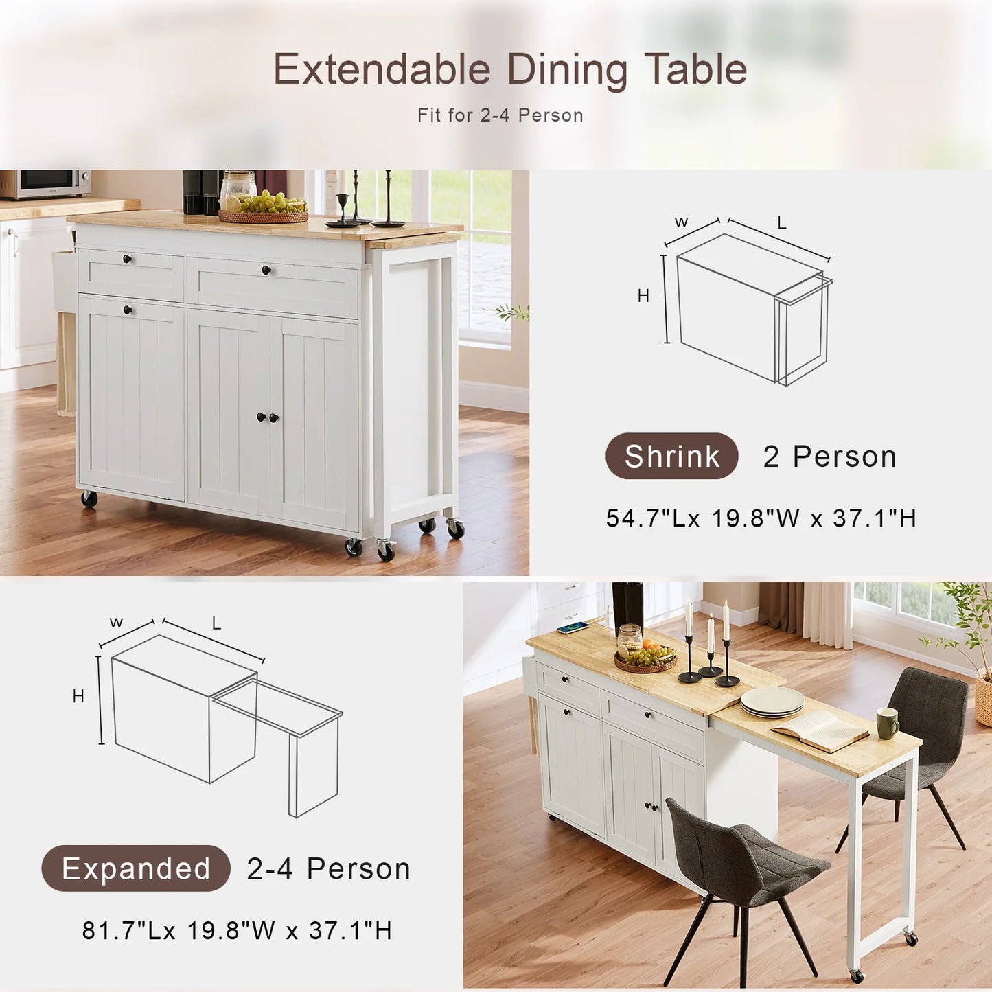 81.7" Mobile Kitchen Storage Islands with Extendable Dining Table, Rolling Kitchen Cart with Power Outlet, Trash Cabinet