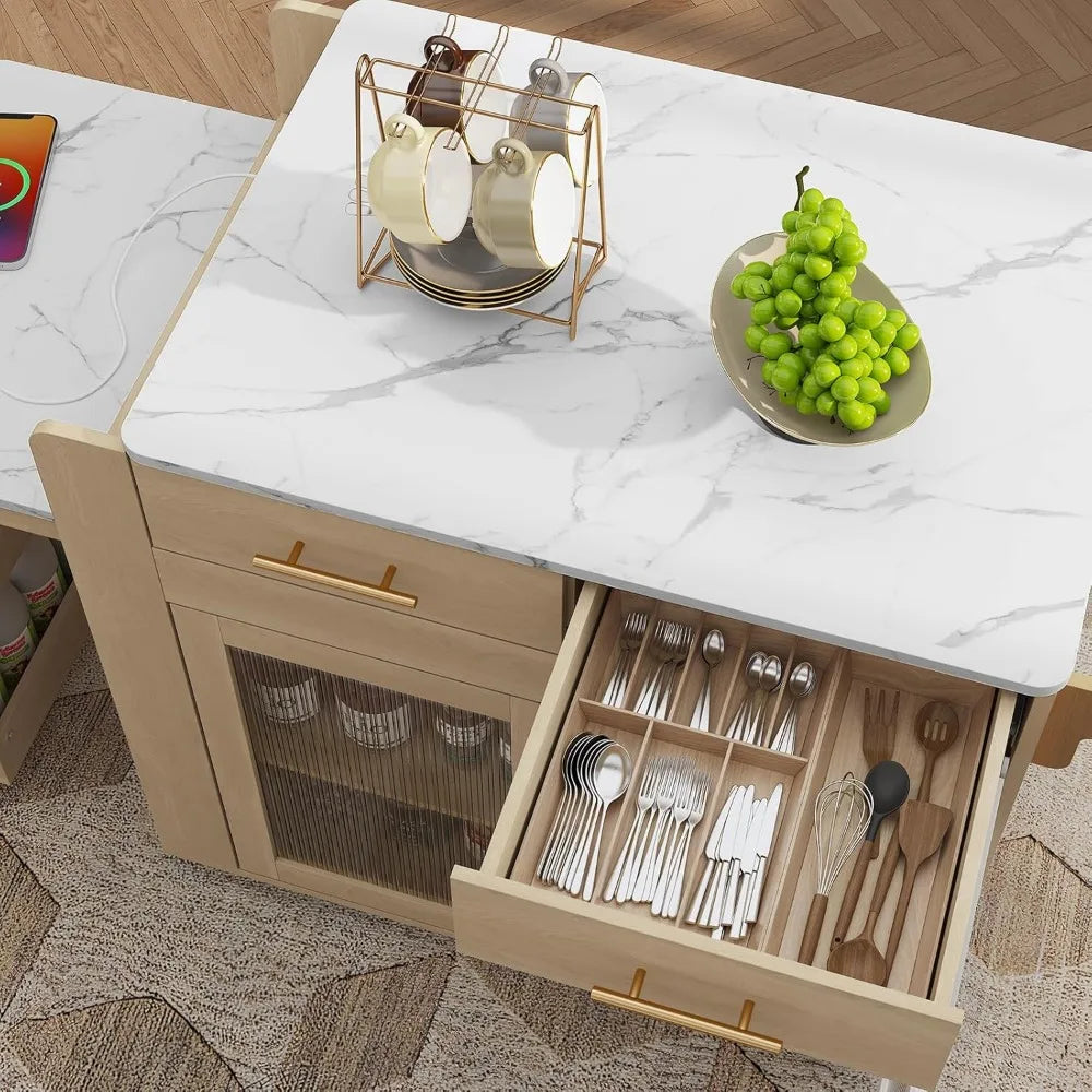 Kitchen Island and Cart with Extendable Dining Table, Marble Grain Top with Power Outlet