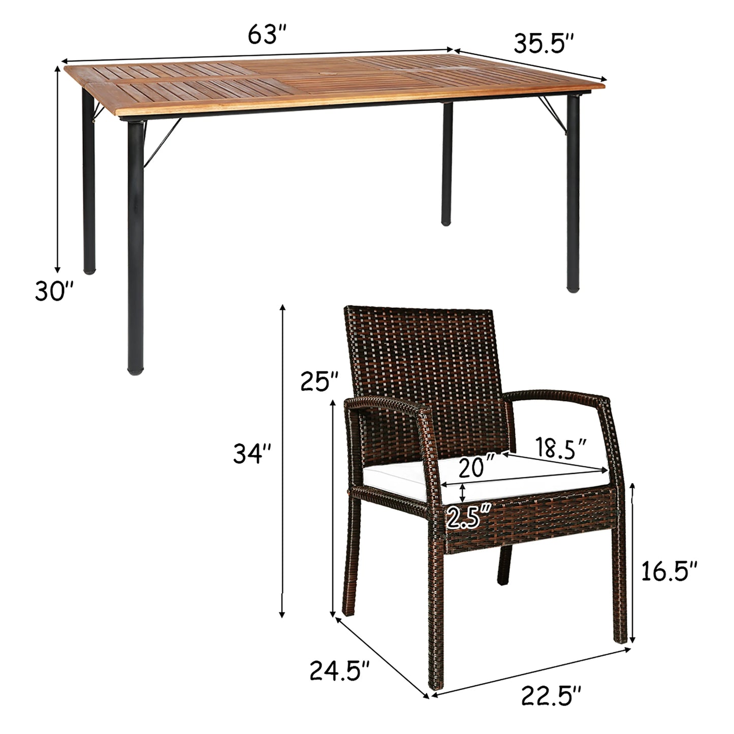 7PCS Rattan Patio Dining Set Wooden Chairs, Table Top W/Umbrella Hole