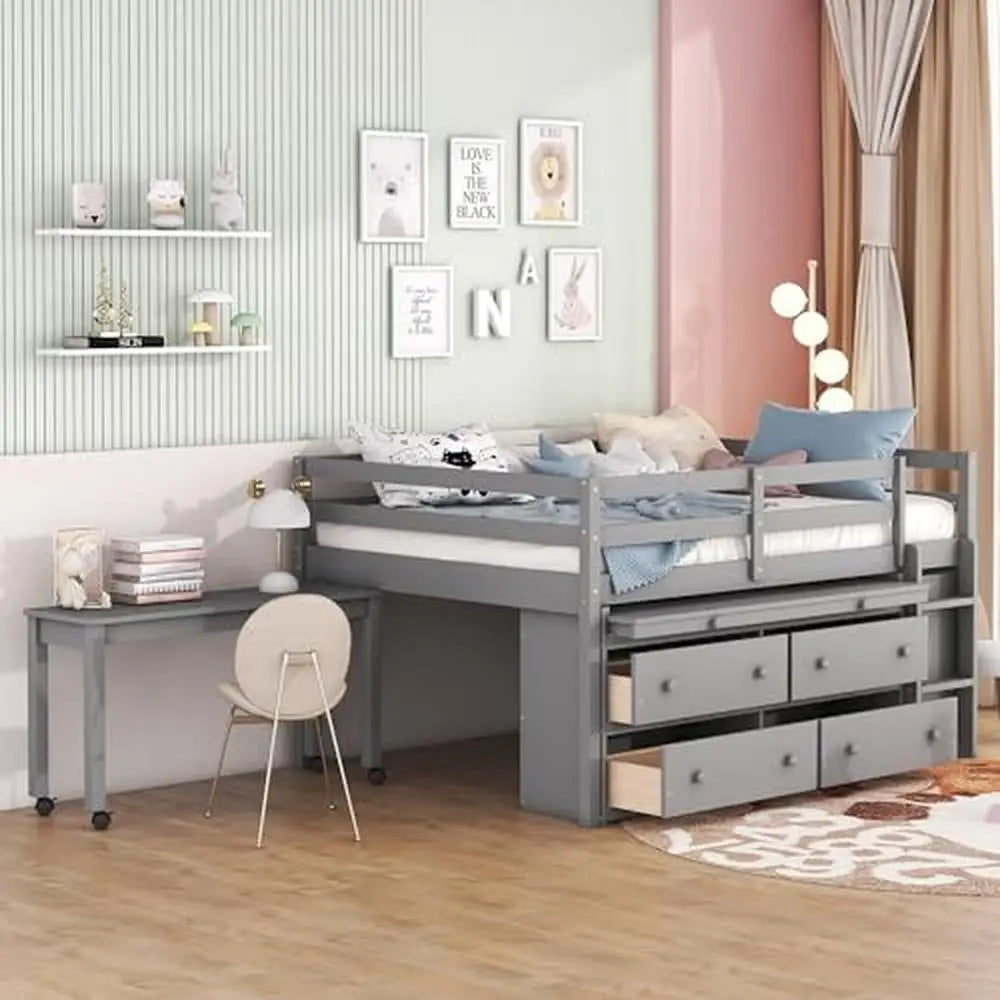 Children's Modern Full Size Wooden Loft Bed with Desk and Storage Drawers