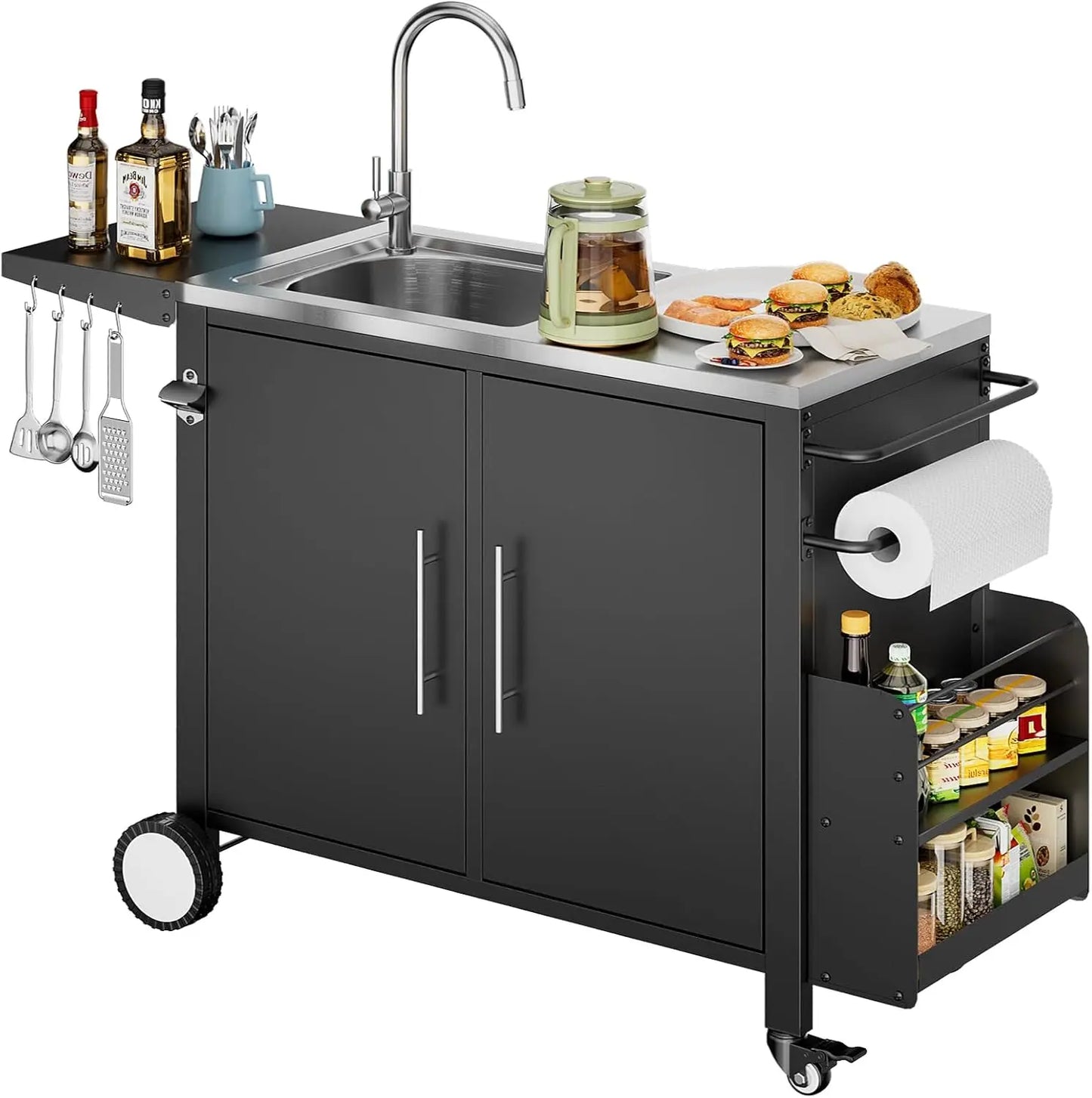 Outdoor Grill Cart with Storage, Movable Modular BBQ Cart, Waterproof Patio Kitchen Island with Hooks and Spice Rack