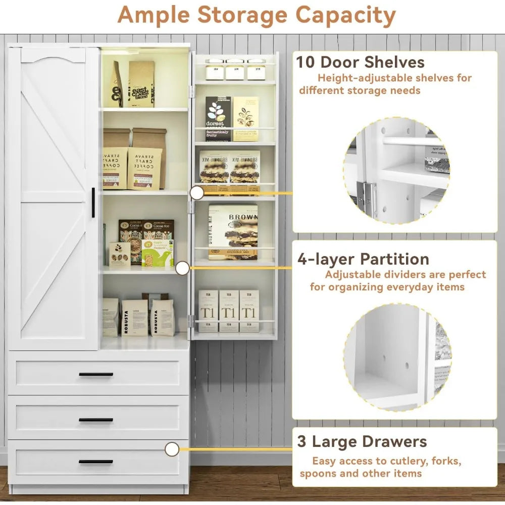 72" LED Farmhouse Tall Storage 3 Drawers Wood Food Pantry with Barn Doors