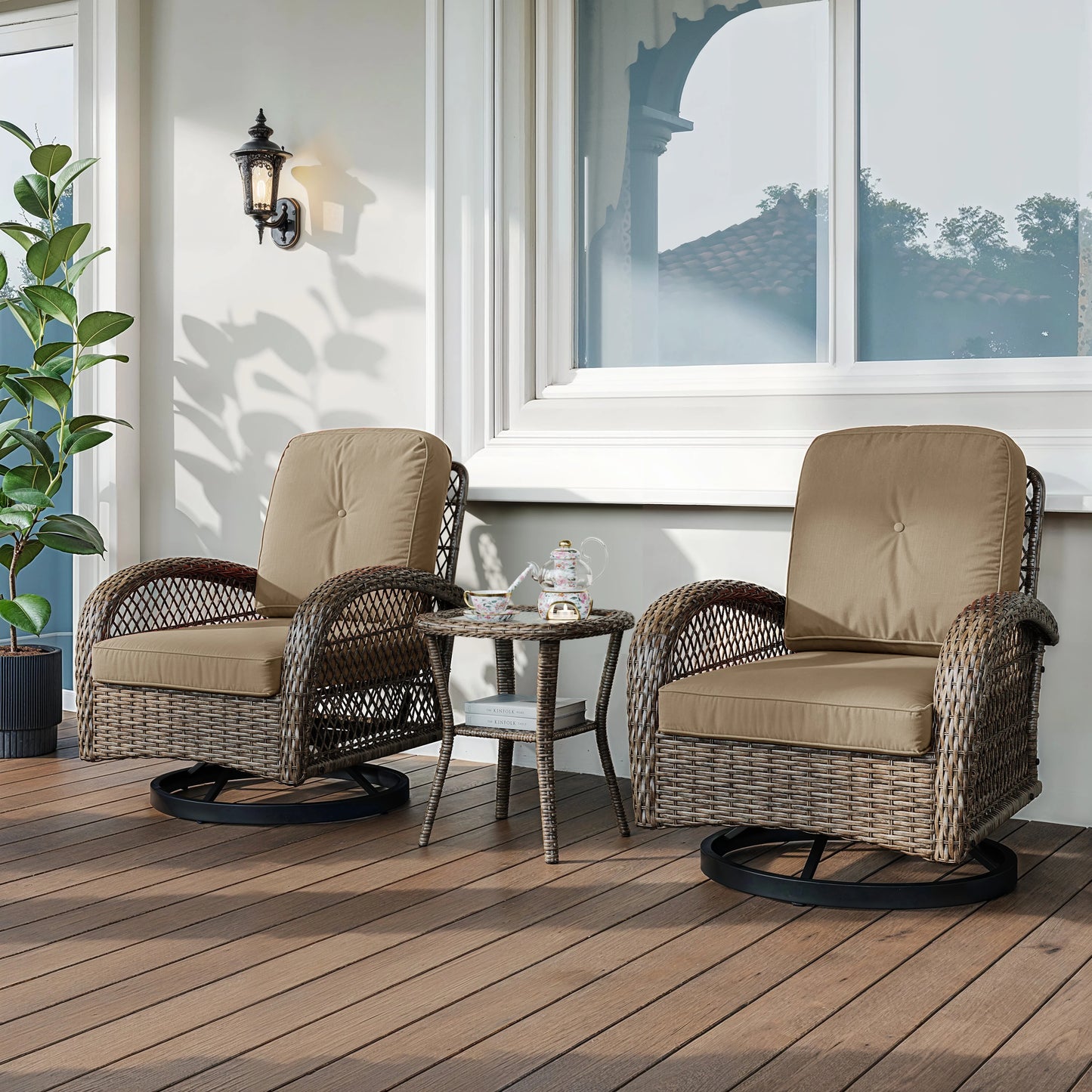 3 Pieces Outdoor Rotating Rocking Chair Patio Bistro Set with Cozy and Padded Cushions.