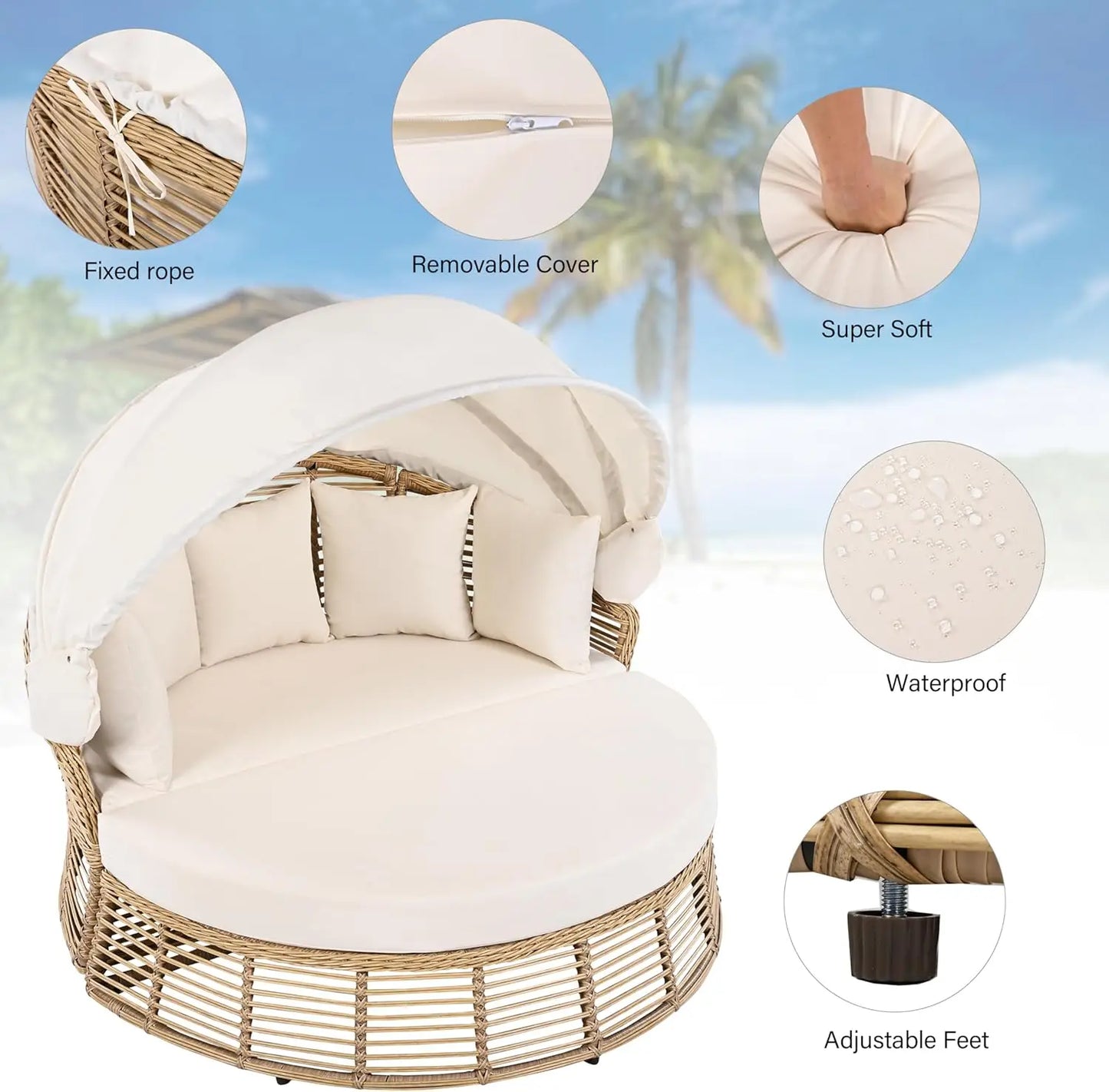 Outdoor Rattan Wicker Round Daybed with Retractable Canopy and Removable Cushions for Pool side Sunbed or Patio