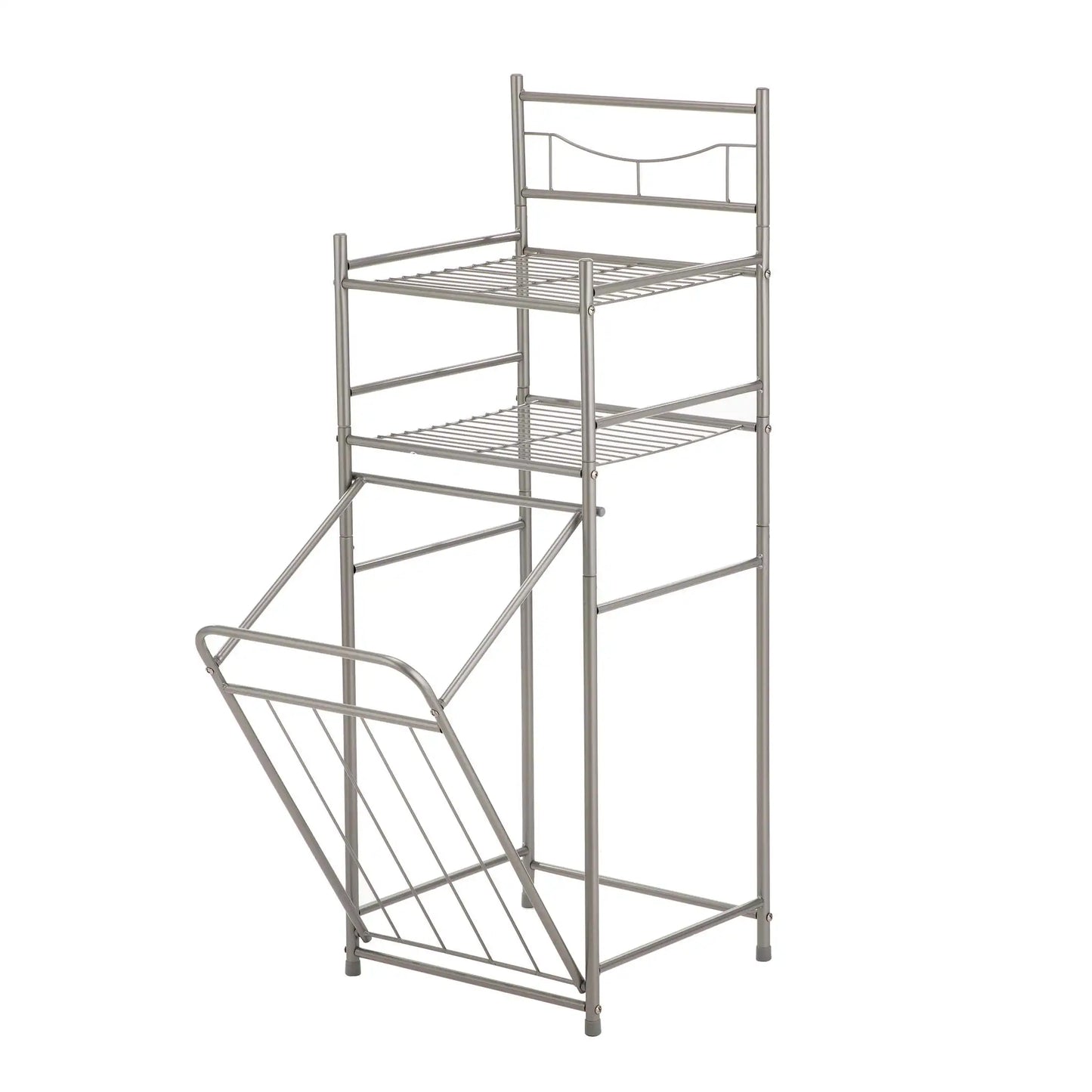 2-Shelf Steel Storage Shelf Unit with Hamper, Satin Nickel, Holds up to 20 lb. Capacity