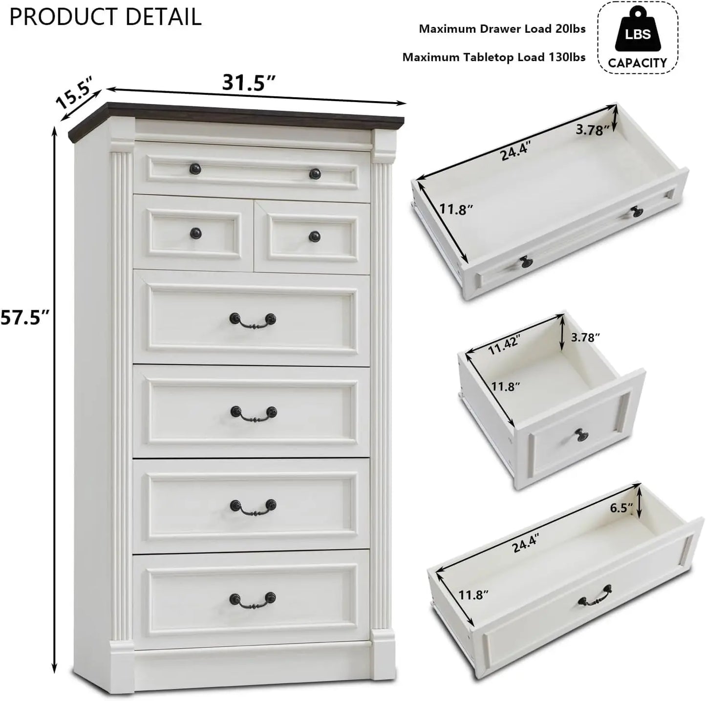 Farmhouse 57" large Roman column chest with 7 Drawers for the bedroom, hallway, living room storage dresser.