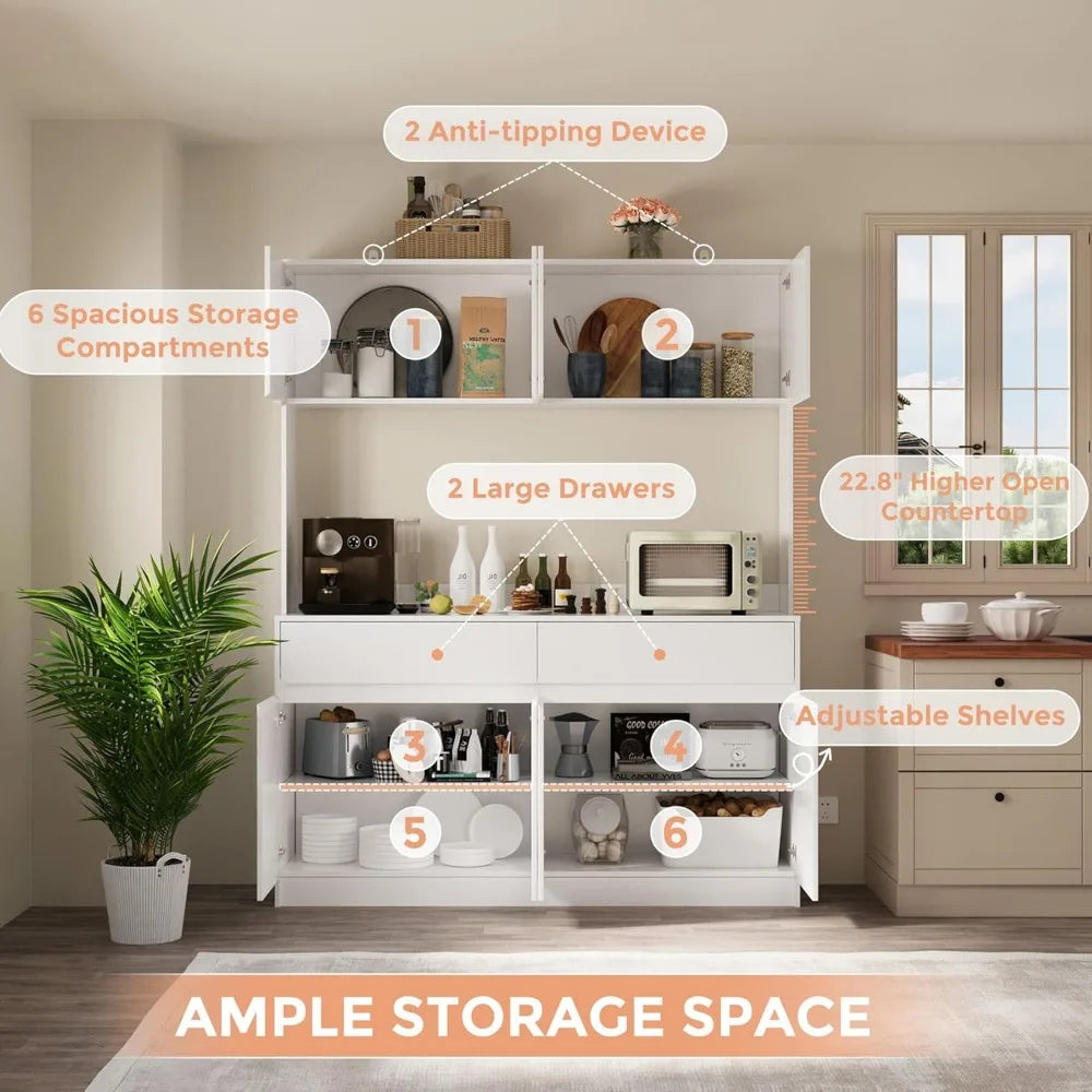 71" Kitchen Pantry Cabinet Hutch with Microwave Stand, Buffet Cabinet with Large Storage Drawers for Dining Room (White