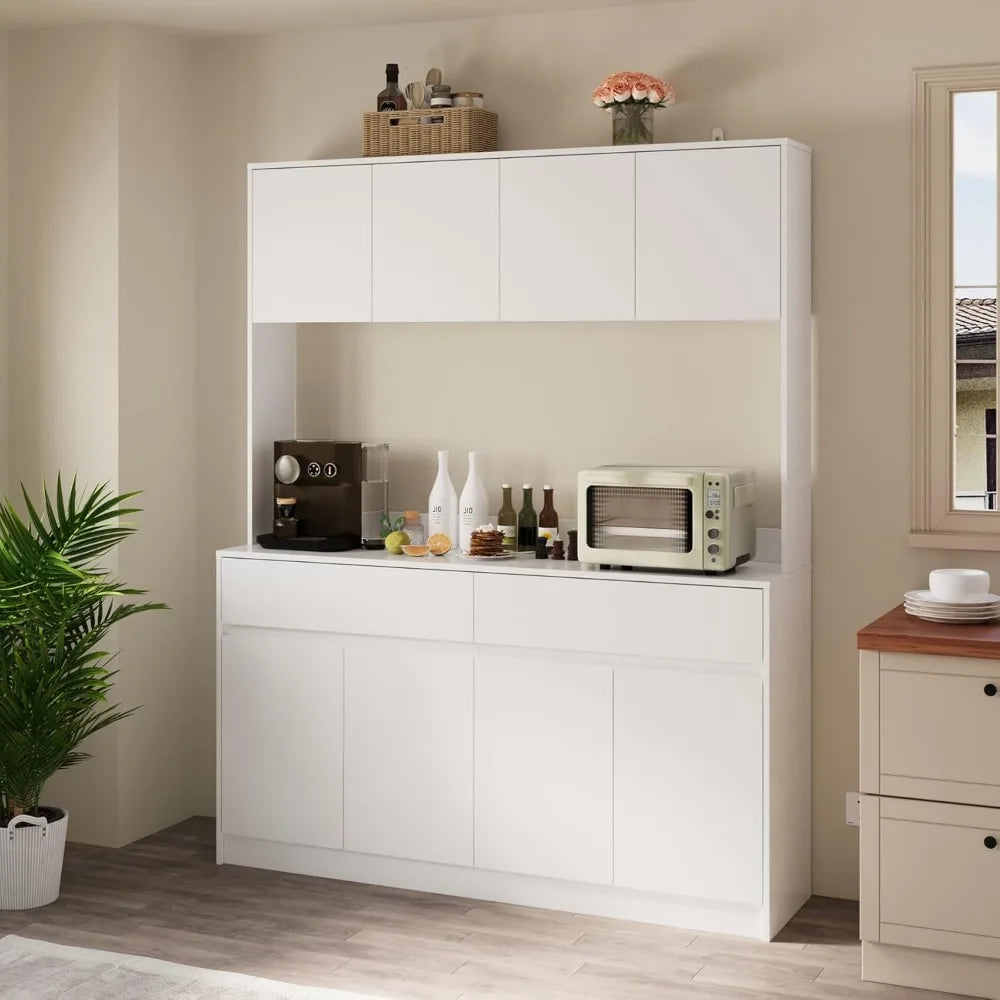 71" Kitchen Pantry Cabinet Hutch with Microwave Stand, Buffet Cabinet with Large Storage Drawers for Dining Room (White