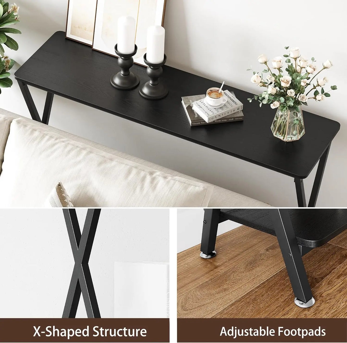 Narrow Console Metal Frame Wood Sofa 2-Tier Industrial Entryway Table with Shelf For Living Room, 80*30*81cm