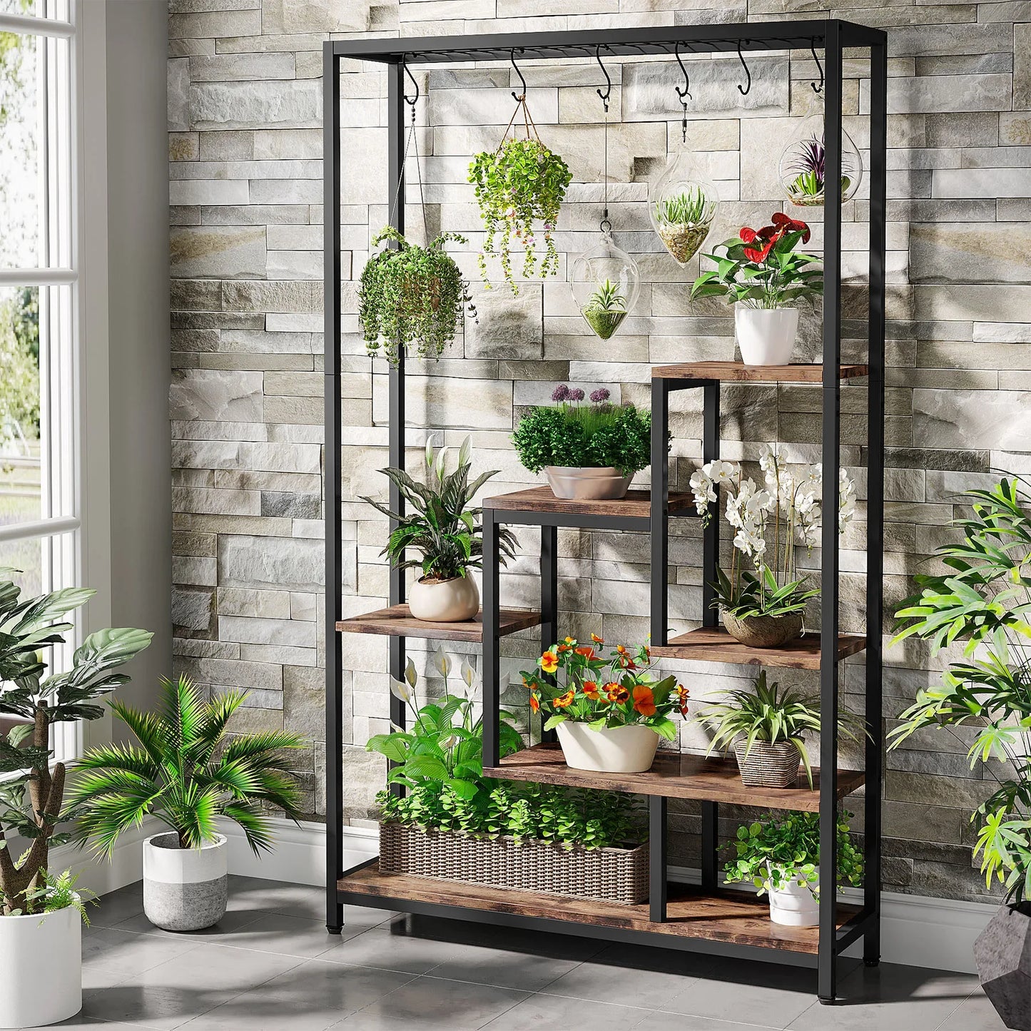 Large 70.9 inches Large 5 Tiers Metal Indoor Plant Stand with 10 PC S Hanging Hooks