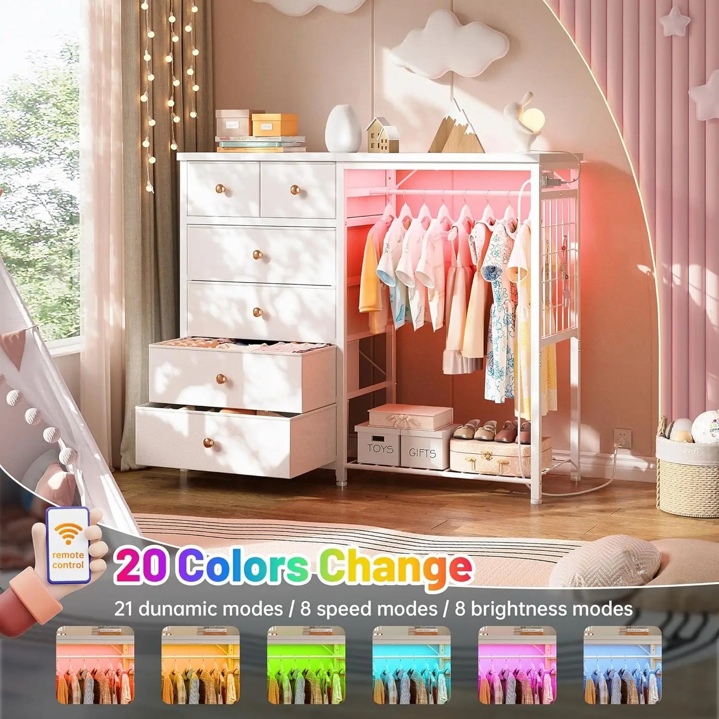 49.2" W White 6 Drawer Dresser for Bedroom with Hanging Rack, LED Lights & Charging Station, Fabric Dressers