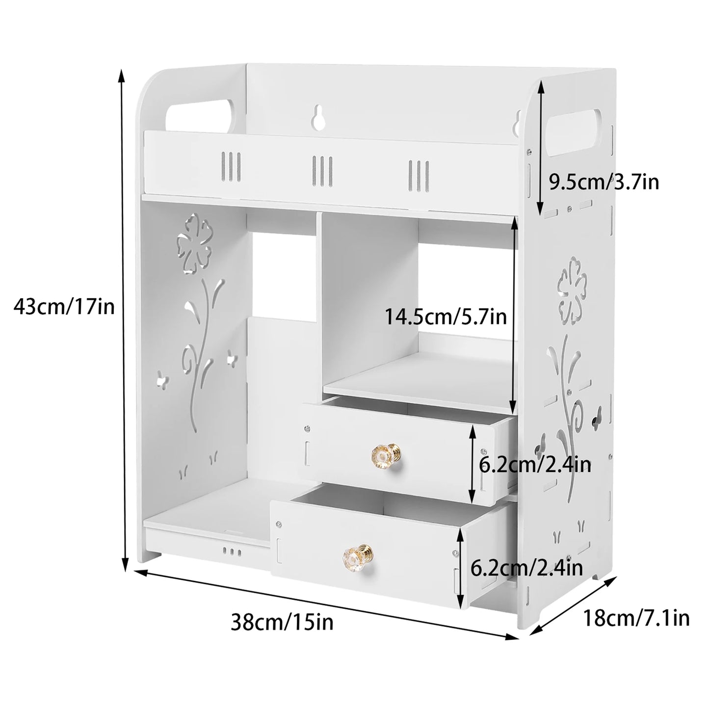 38x18x43cm Wall-Mounted Bathroom 2 drawer Storage, Organizer Cabinet for Bathroom, Bedroom
