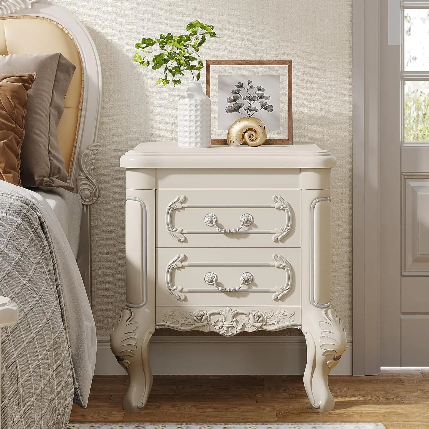 White Classic Carved Nightstand or End Tables with 2 Drawers for Bedroom