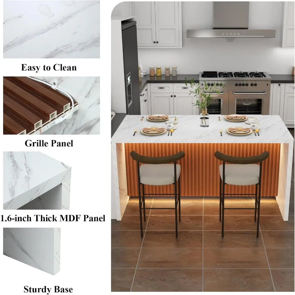 Modern 63" Large Imitation Marble Stripes Island Dining Table for 4-6 People LED Lights