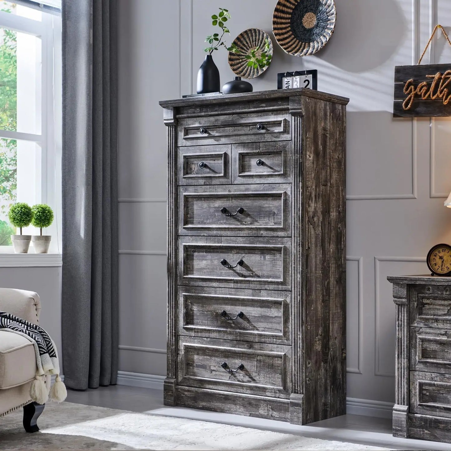 Farmhouse 57" large Roman column chest with 7 Drawers for the bedroom, hallway, living room storage dresser.