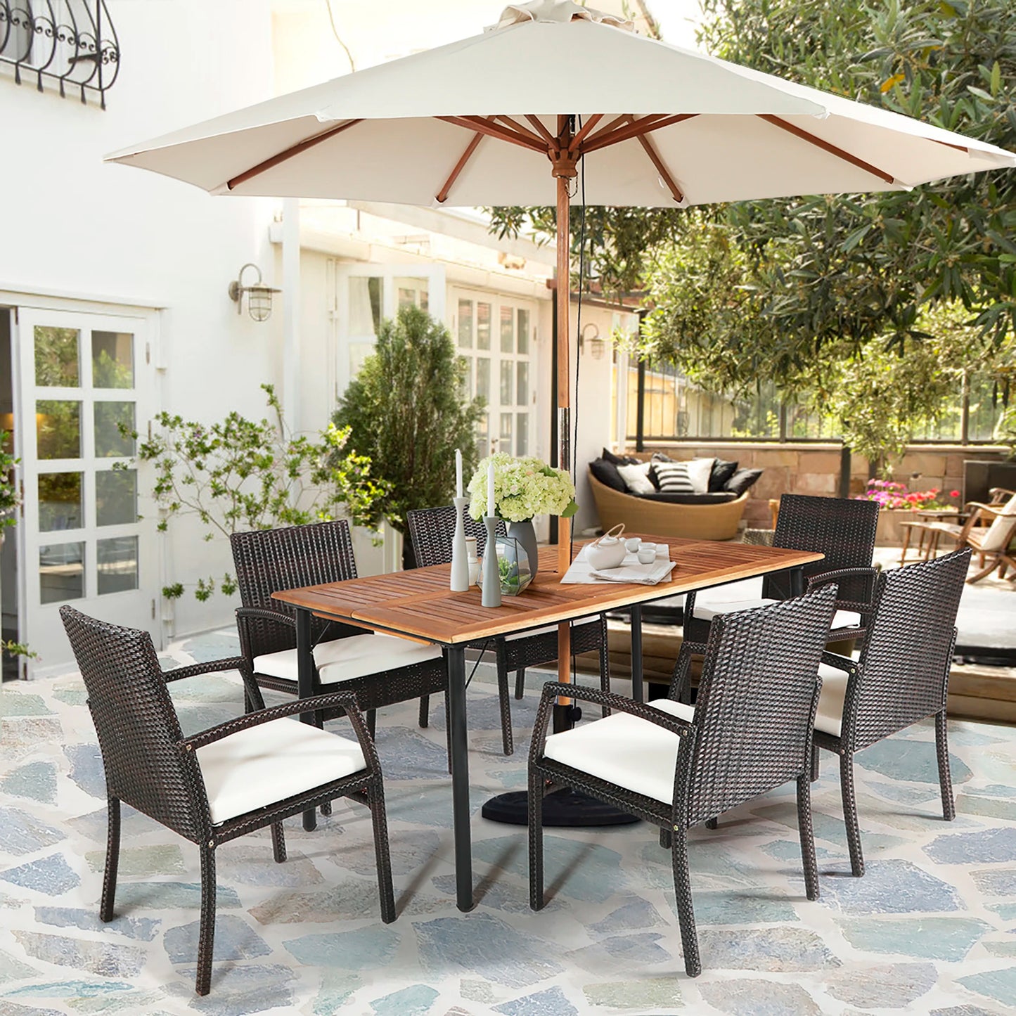 7PCS Rattan Patio Dining Set Wooden Chairs, Table Top W/Umbrella Hole