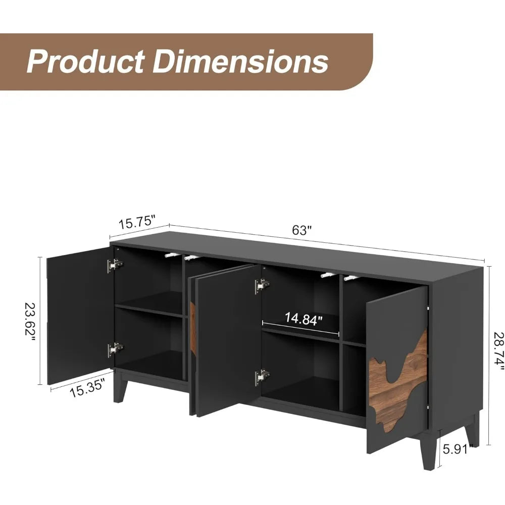 Modern 4 Door Sideboard Buffet Cabinet with Brown Water Stream Patterns Design - Versatile Storage Solution for Kitchen