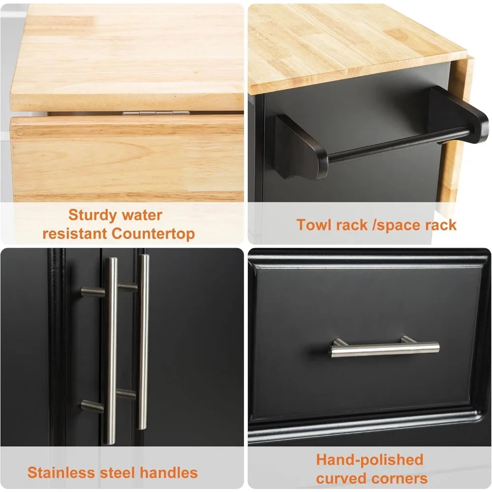 54" Large Rolling Kitchen Island Cart On Wheels with Drop Leaf 3 Drawers 1 Cabinet, Spice and Towel Rack Mobile Kitchen