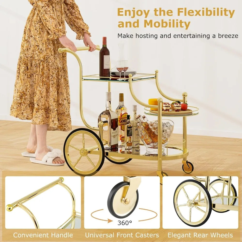 3-Tier Rolling Bar Cart with mirrored Shelves, 4 Wheels for Mobile Beverage & Wine in the Kitchen, Dining Room or Living Room