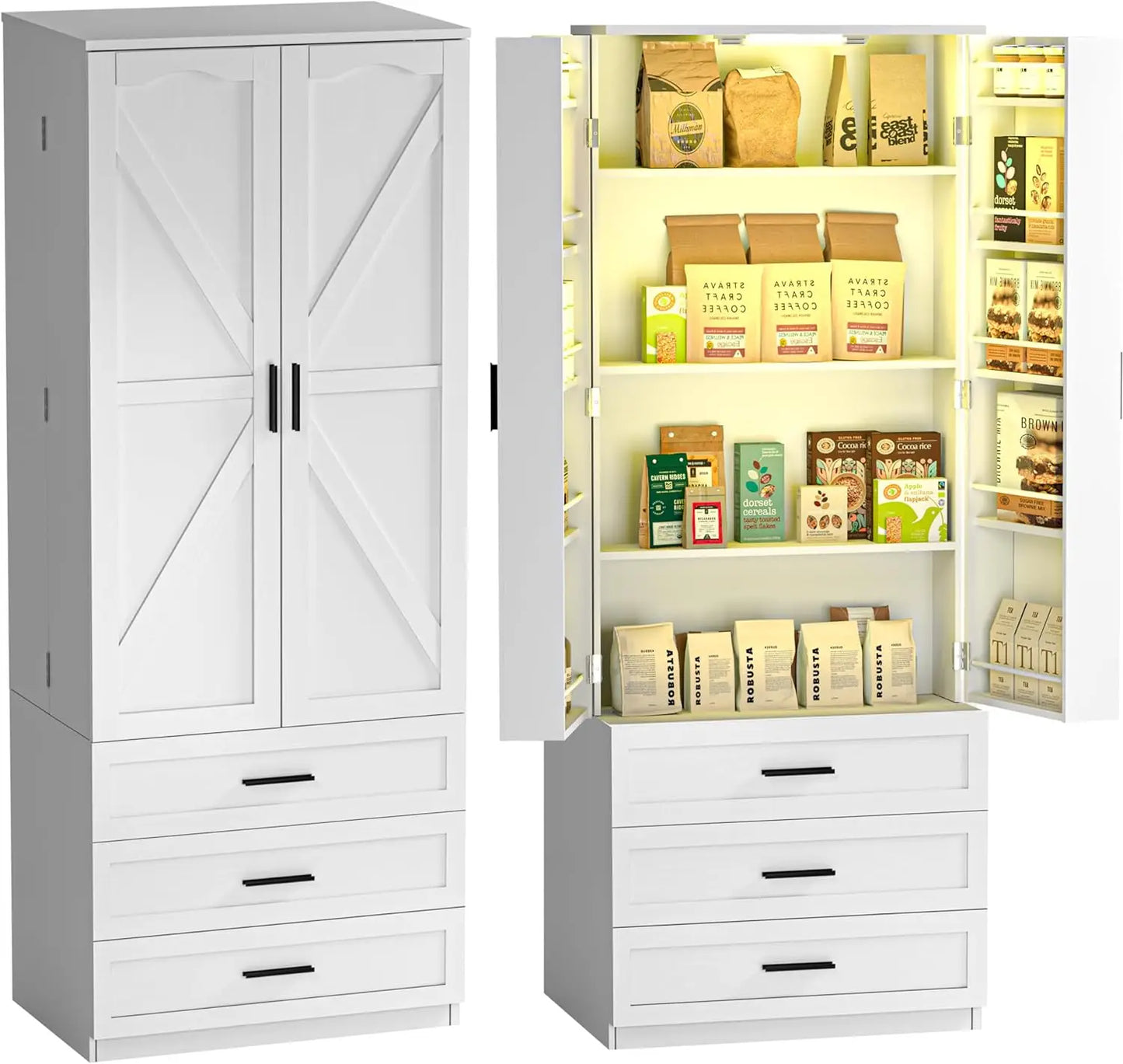 72" LED Farmhouse Tall Storage 3 Drawers Wood Food Pantry with Barn Doors