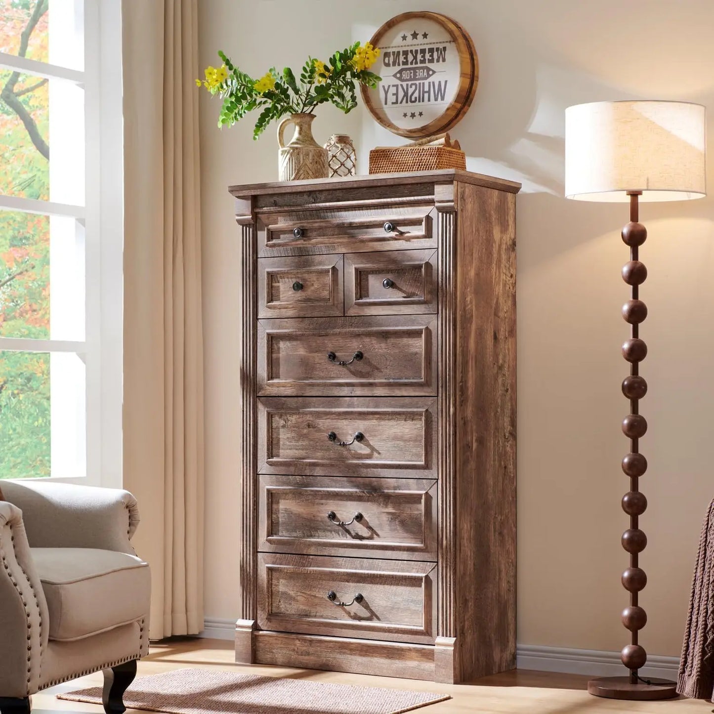 Farmhouse 57" large Roman column chest with 7 Drawers for the bedroom, hallway, living room storage dresser.