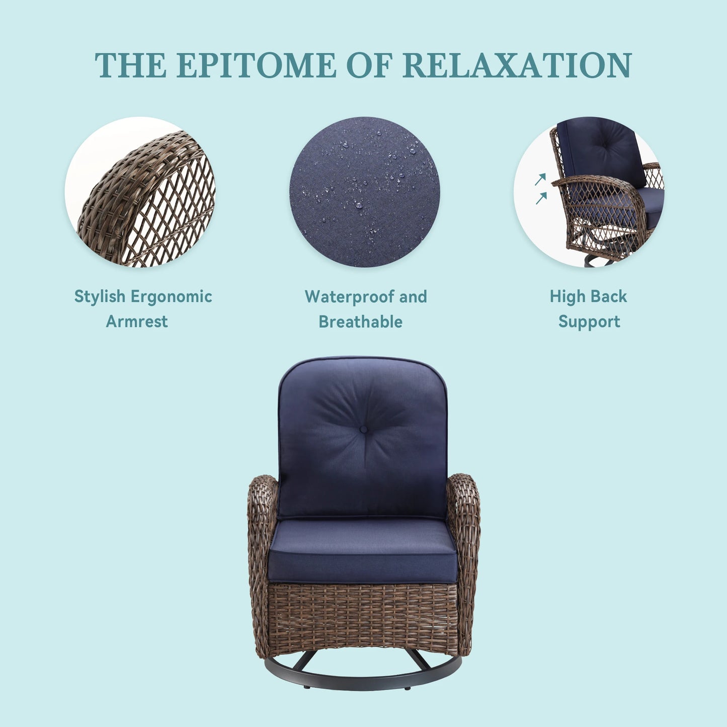 3 Pieces Outdoor Rotating Rocking Chair Patio Bistro Set with Cozy and Padded Cushions.