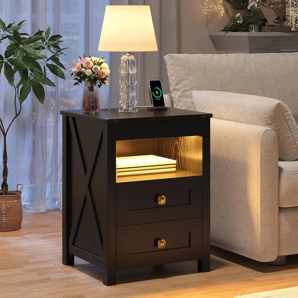 Set of 2 LED Farmhouse Nightstand or Bedside Tables with Gun Drawer, Charging Station for Bedroom