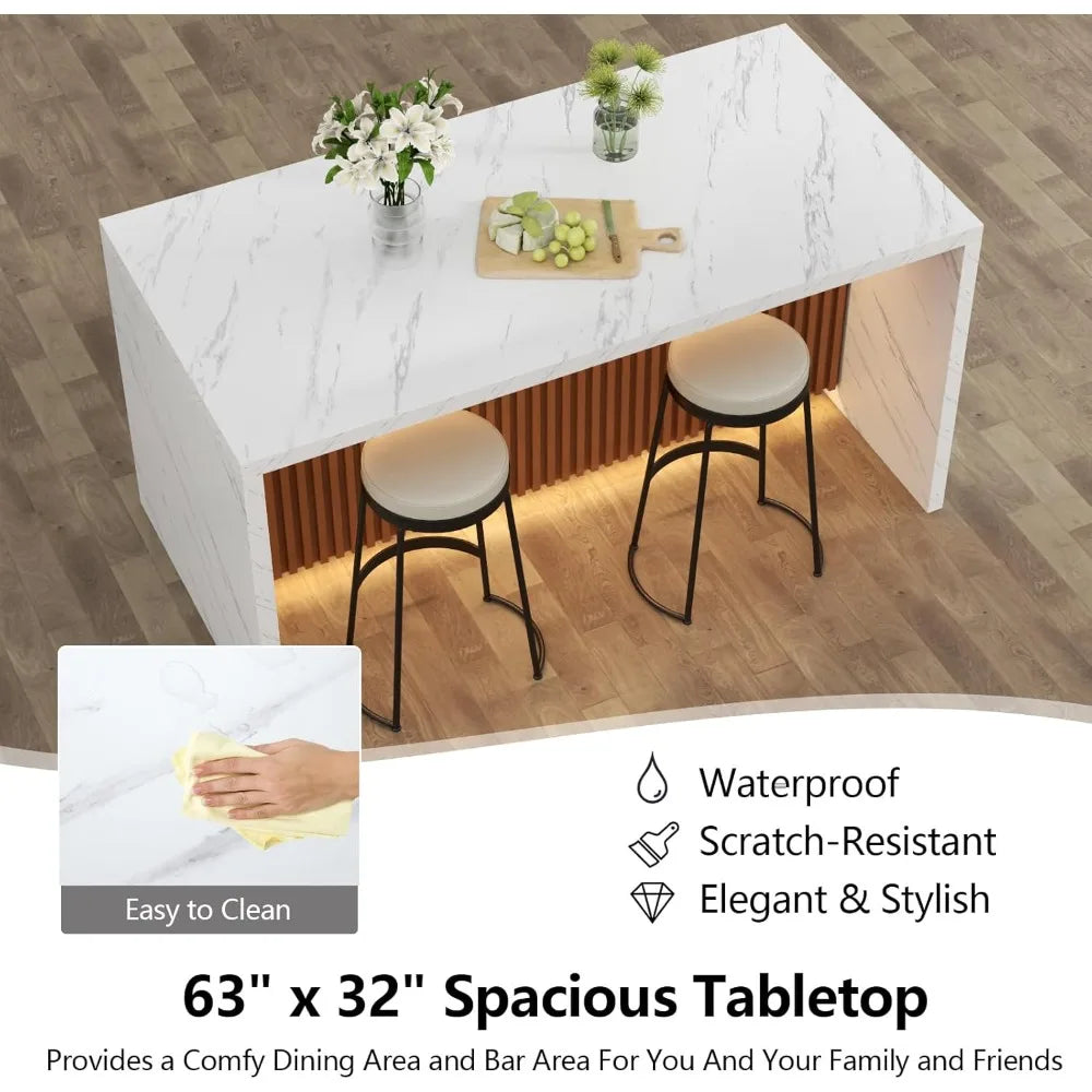 Modern 63" Large Imitation Marble Stripes Island Dining Table for 4-6 People LED Lights