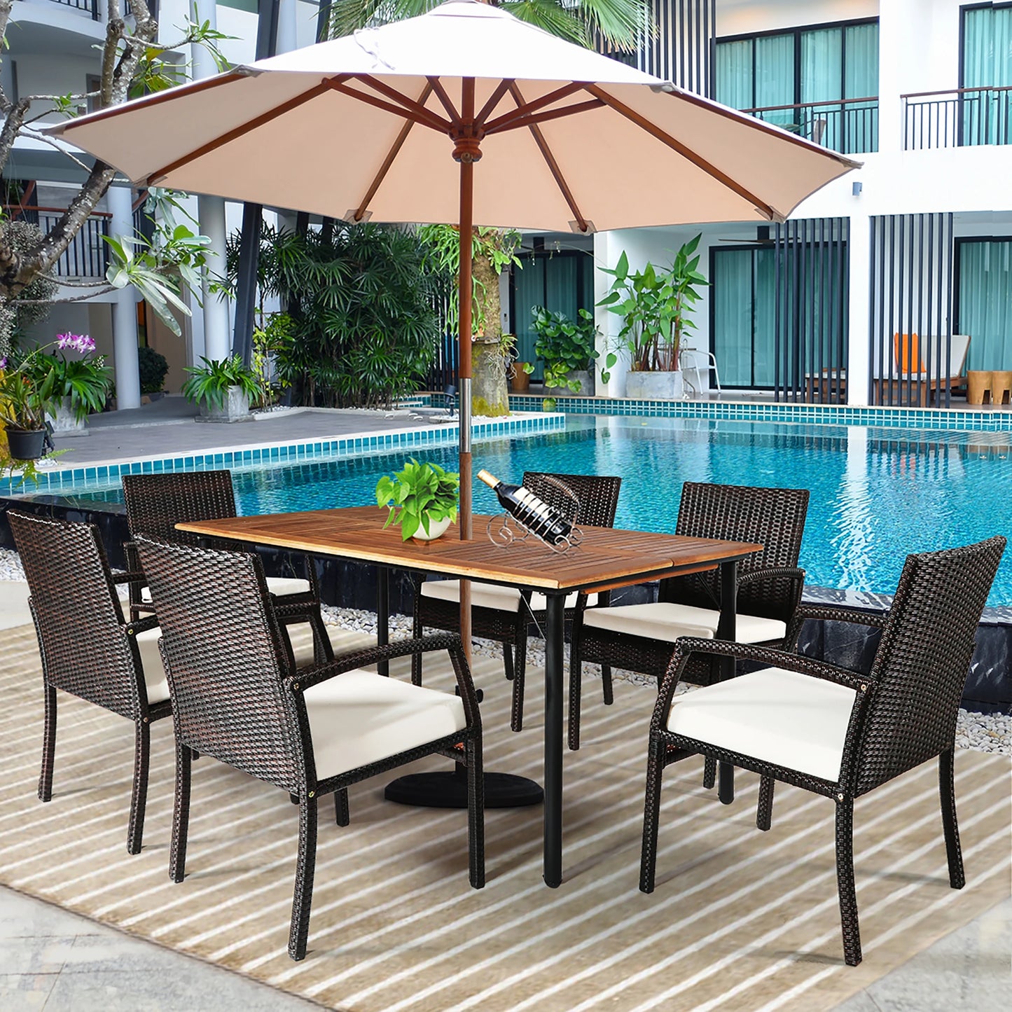 7PCS Rattan Patio Dining Set Wooden Chairs, Table Top W/Umbrella Hole