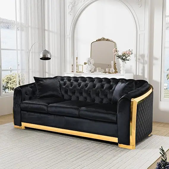 81" 3 Seater Modern Mid Century Velvet Chesterfield Blue and Gold Luxury Curved Loveseat and Sofa Couch for Living Room