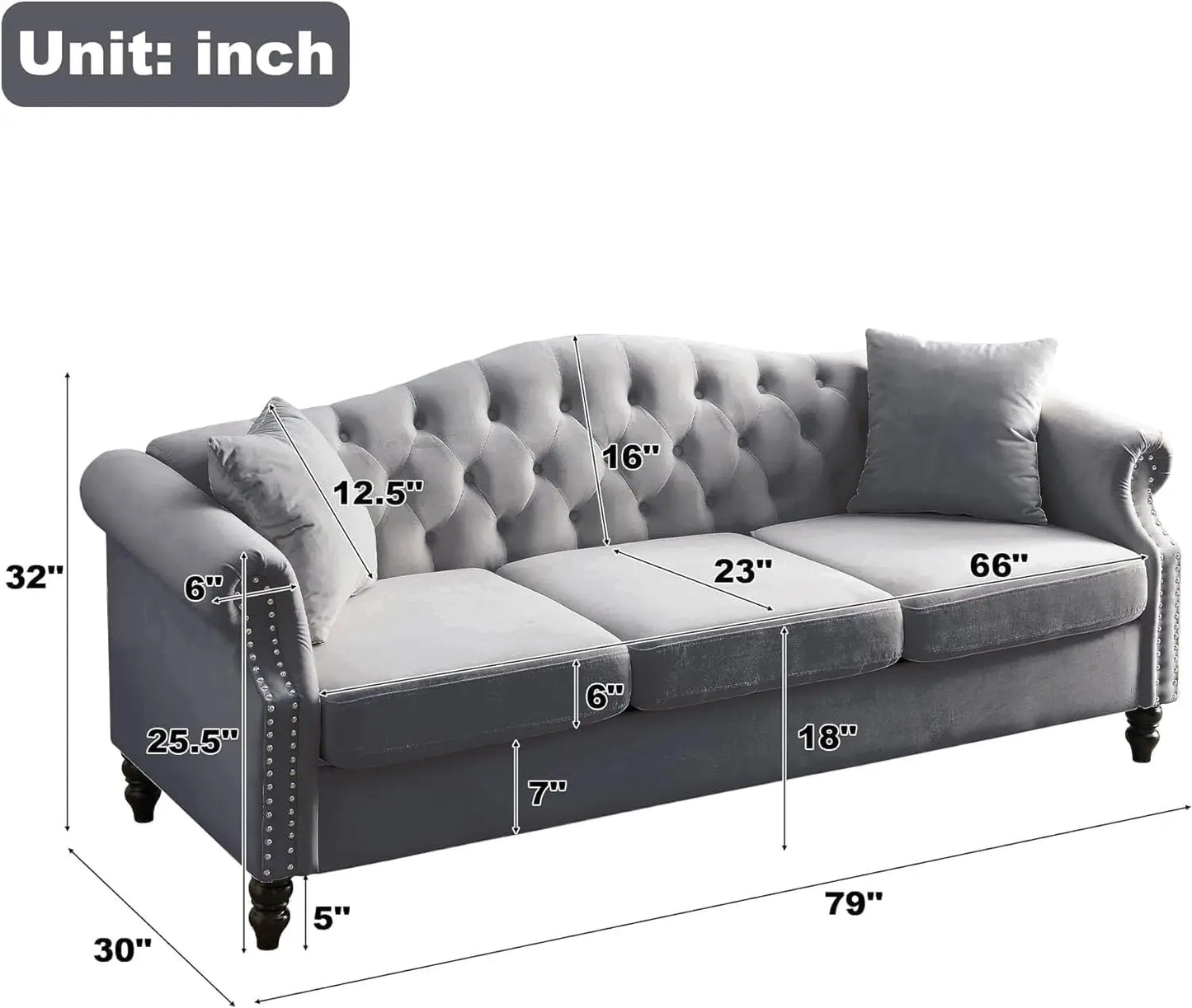 Chesterfield Classic Design Velvet Sofa Set 3-Seater and Loveseat with Pillows and Rolled Arms Nail head Trim for Living Room