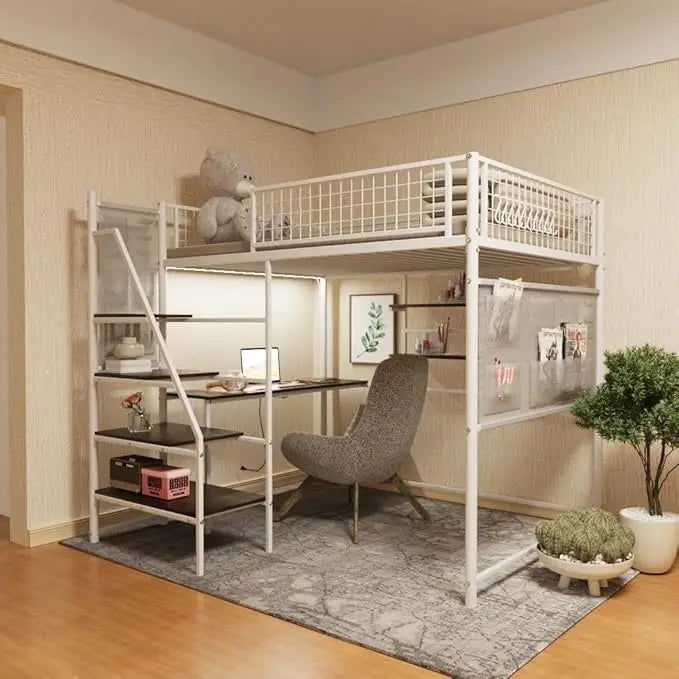 Heavy Duty Metal Loft Bed Full Sze Frame with Staircase, Built-in Charging Station and LED Lighting for Bedroom