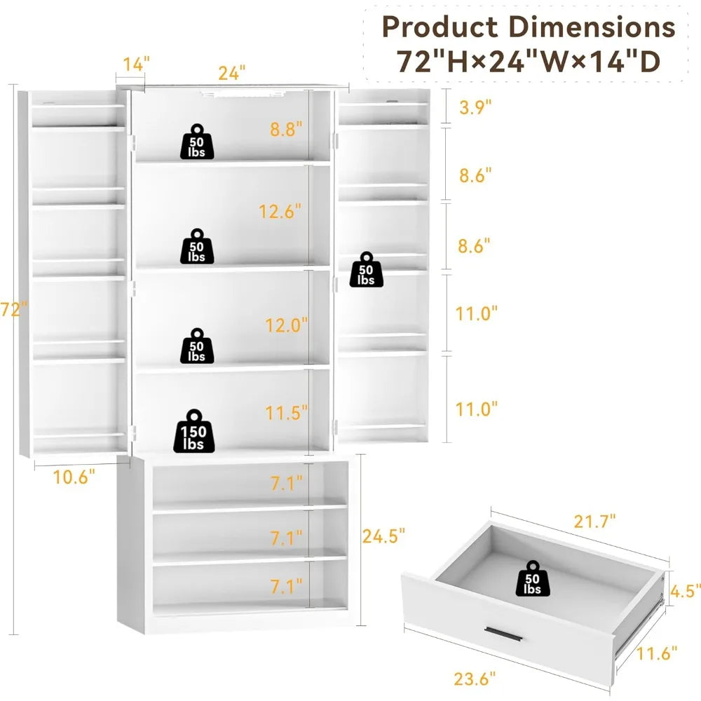 72" LED Farmhouse Tall Storage 3 Drawers Wood Food Pantry with Barn Doors