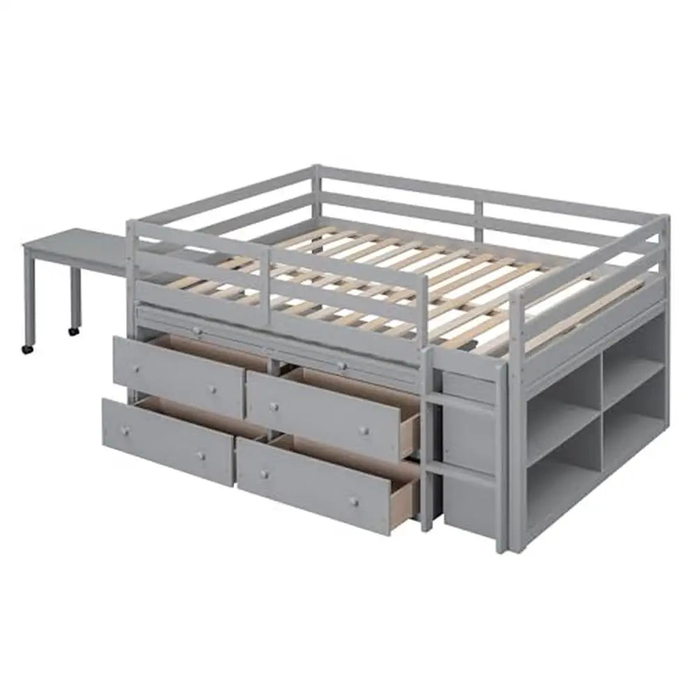 Children's Modern Full Size Wooden Loft Bed with Desk and Storage Drawers