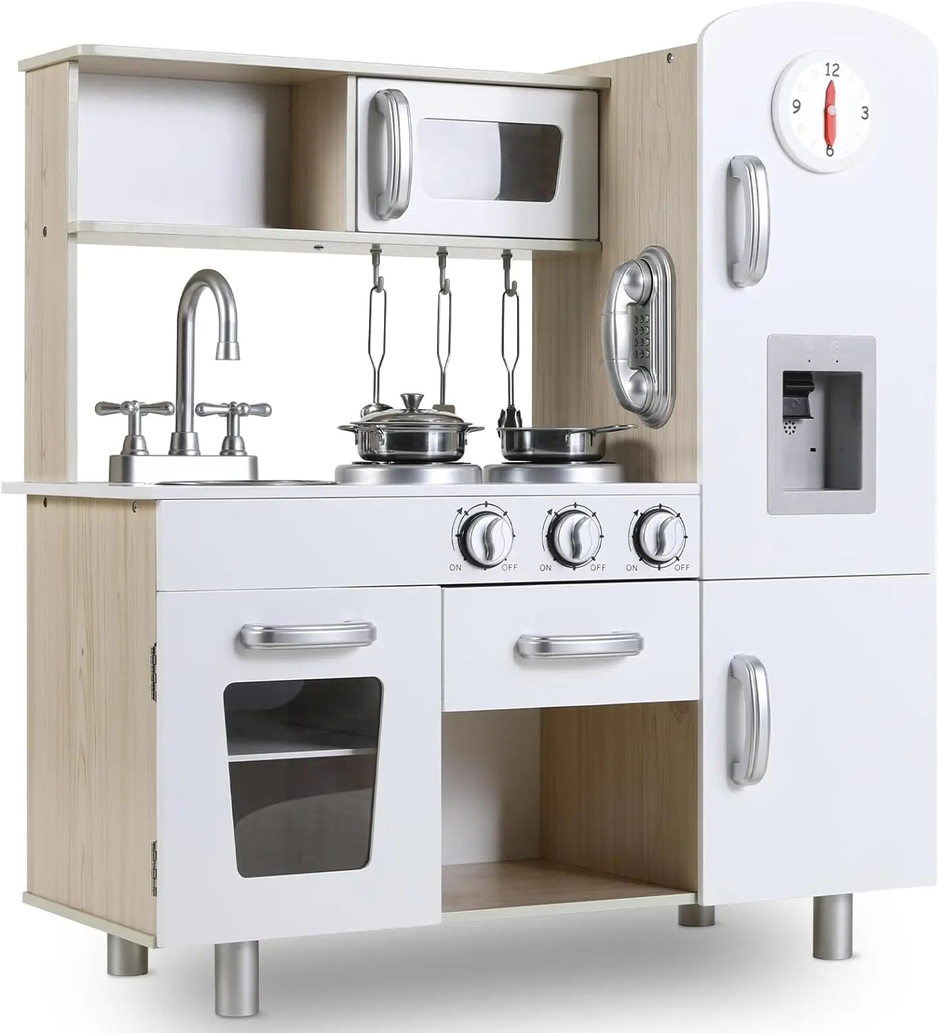 Kids Ages 3+ Wooden Play Kitchen Set with Lights, Sounds, Stove, and Microwave included Coffee Maker