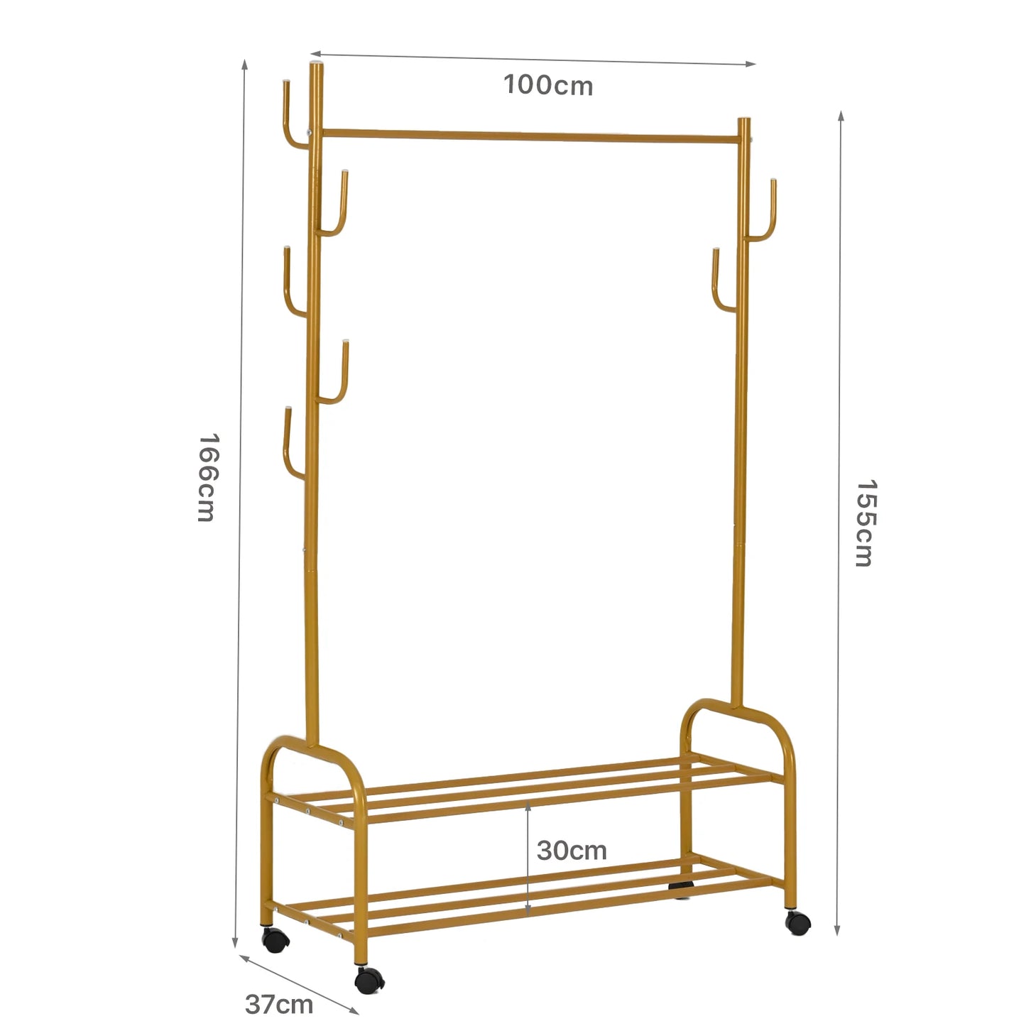 2- layer Gold Garment Rack on Wheels for Hanging Clothes with Top Rod and Bottom Shelves,9 Hooks